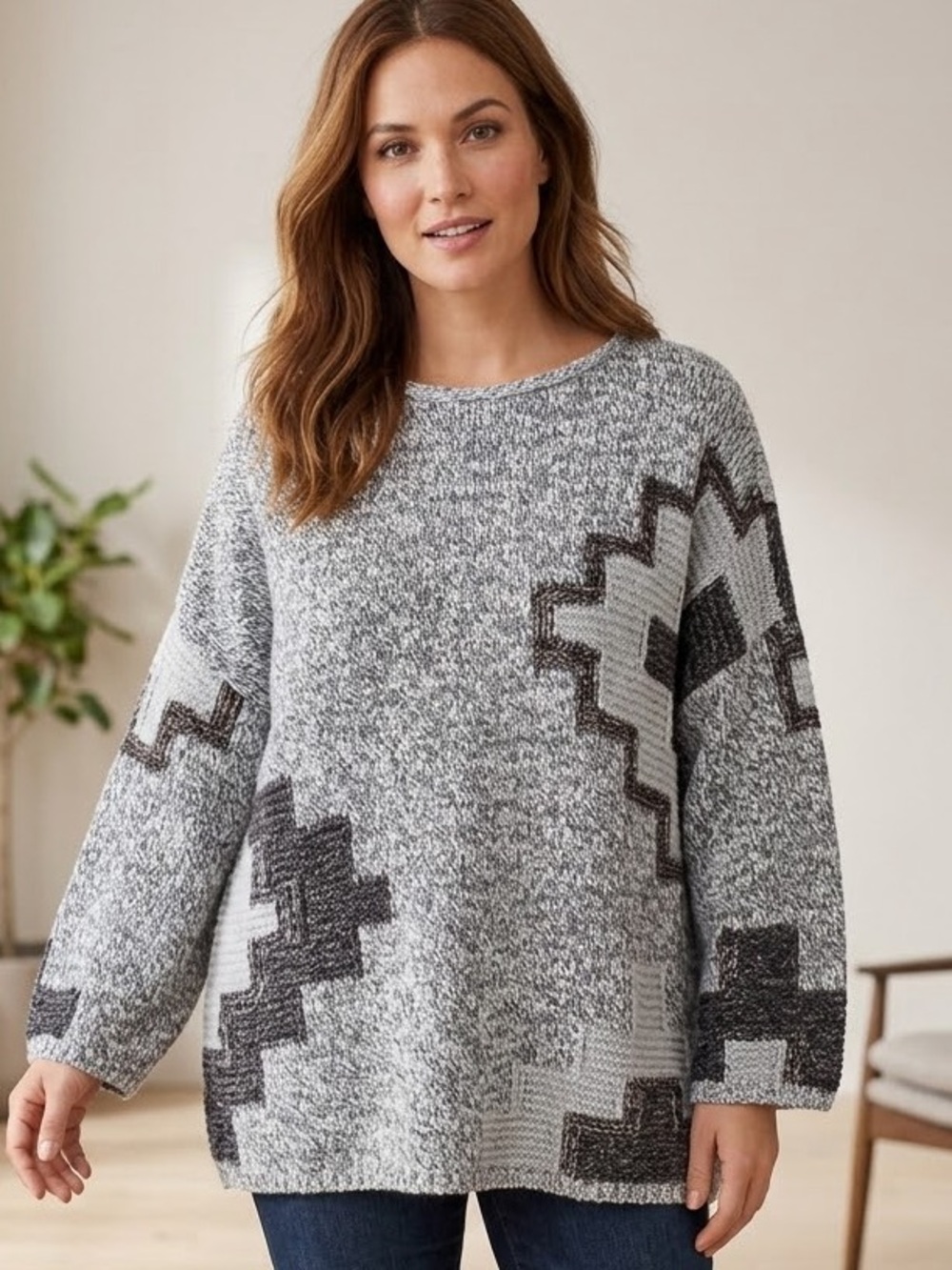 J. Jill Grey Marled Geometric Intarsia Knit Sweater Oversized Boxy Size L